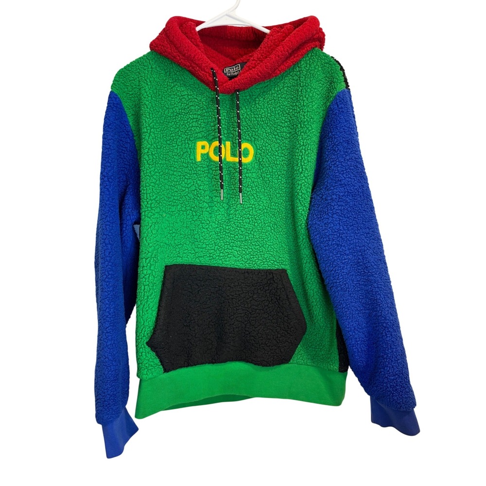 Polo Ralph Lauren Mens M Colorblock Sherpa Fleece Hoodie Green Blue Red Medium